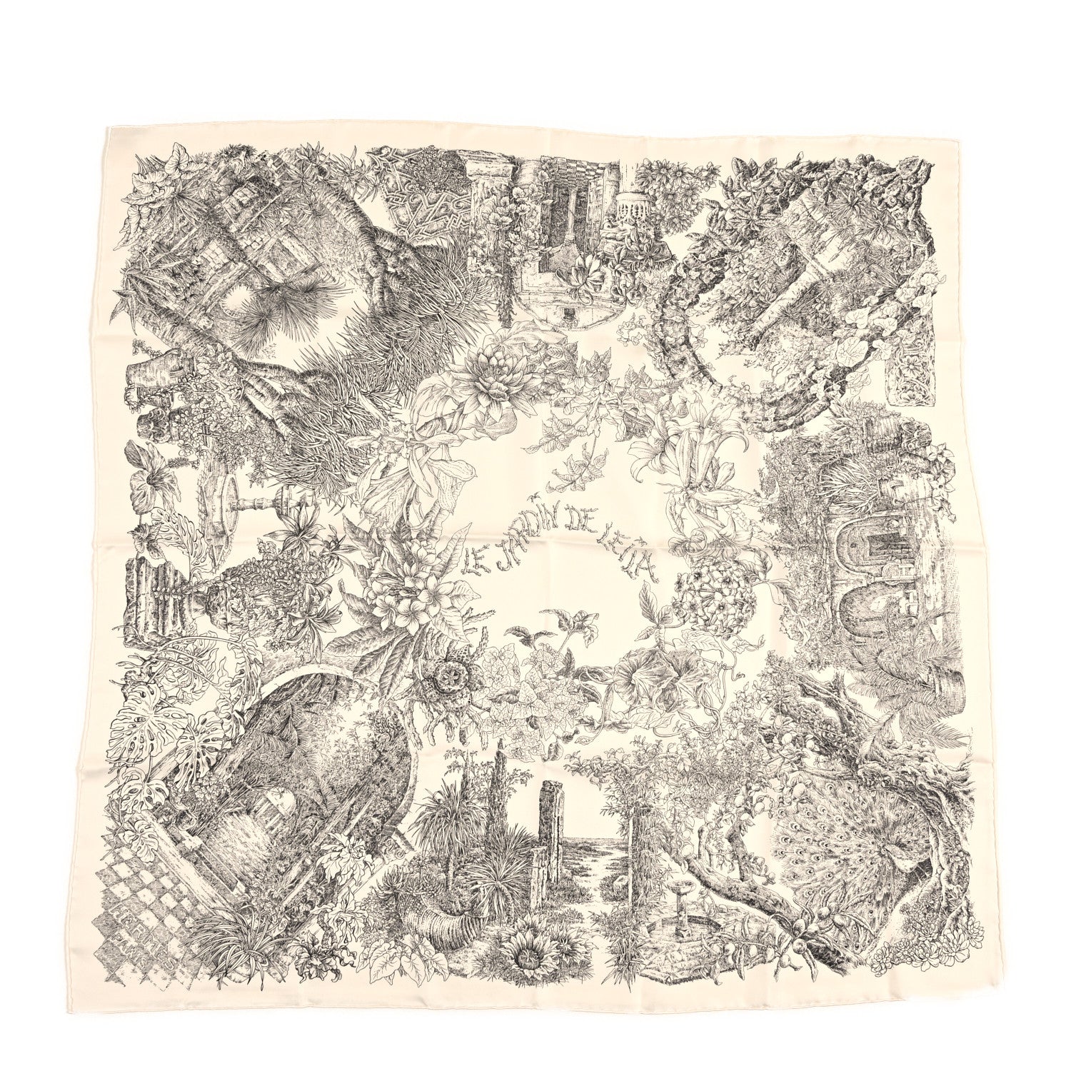 Hermes Silk Le Jardin de Leila Scarf 90 White Black Anthracite