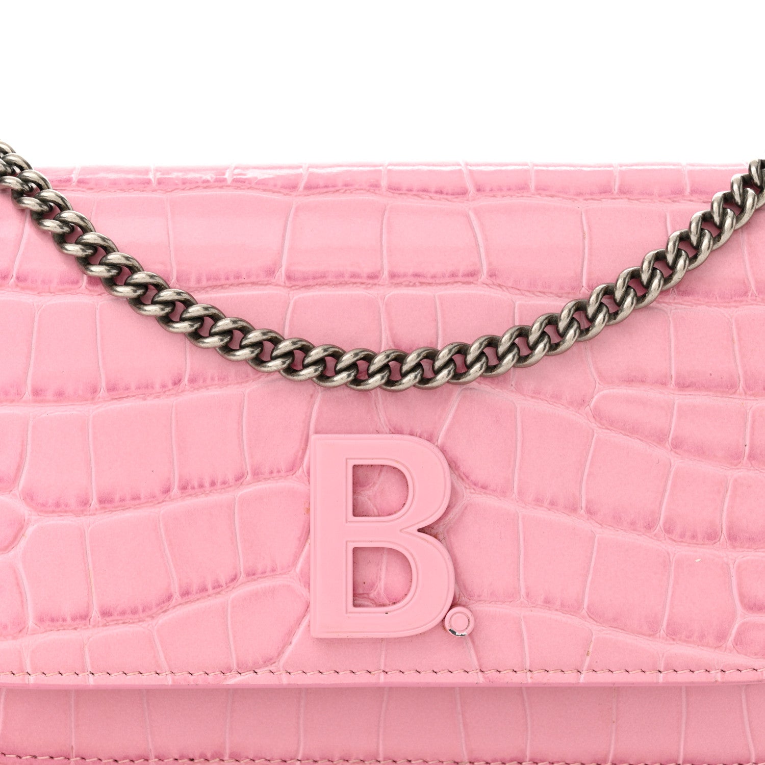 Balenciaga Patent Crocodile Embossed B Wallet On Chain Pink 7 of 18