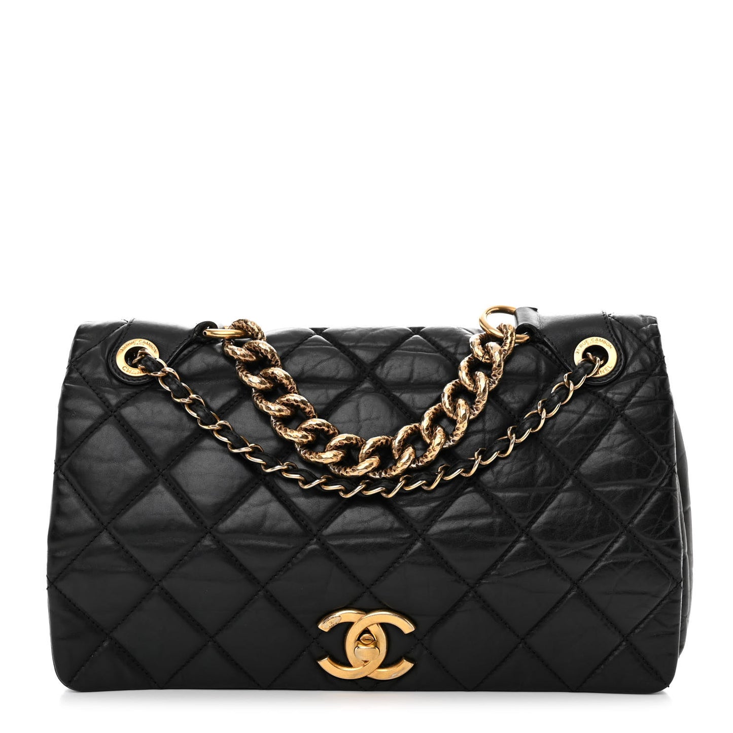 Aged Calfskin Quilted Medium Pondichery Flap Black