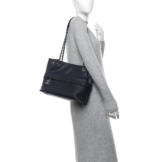 Crumpled Grained Calfskin Zip and Carry Shopping Tote Navy