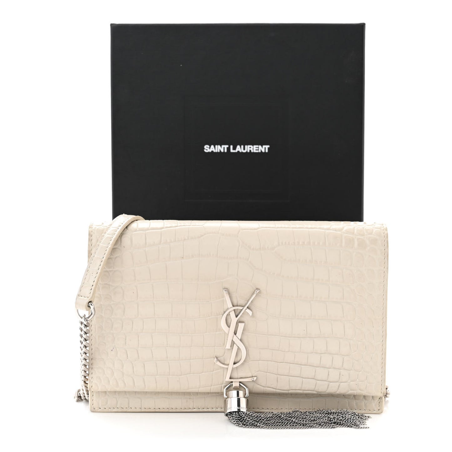 Calfskin Crocodile Embossed Kate Monogram Tassel Chain Wallet Crema Soft