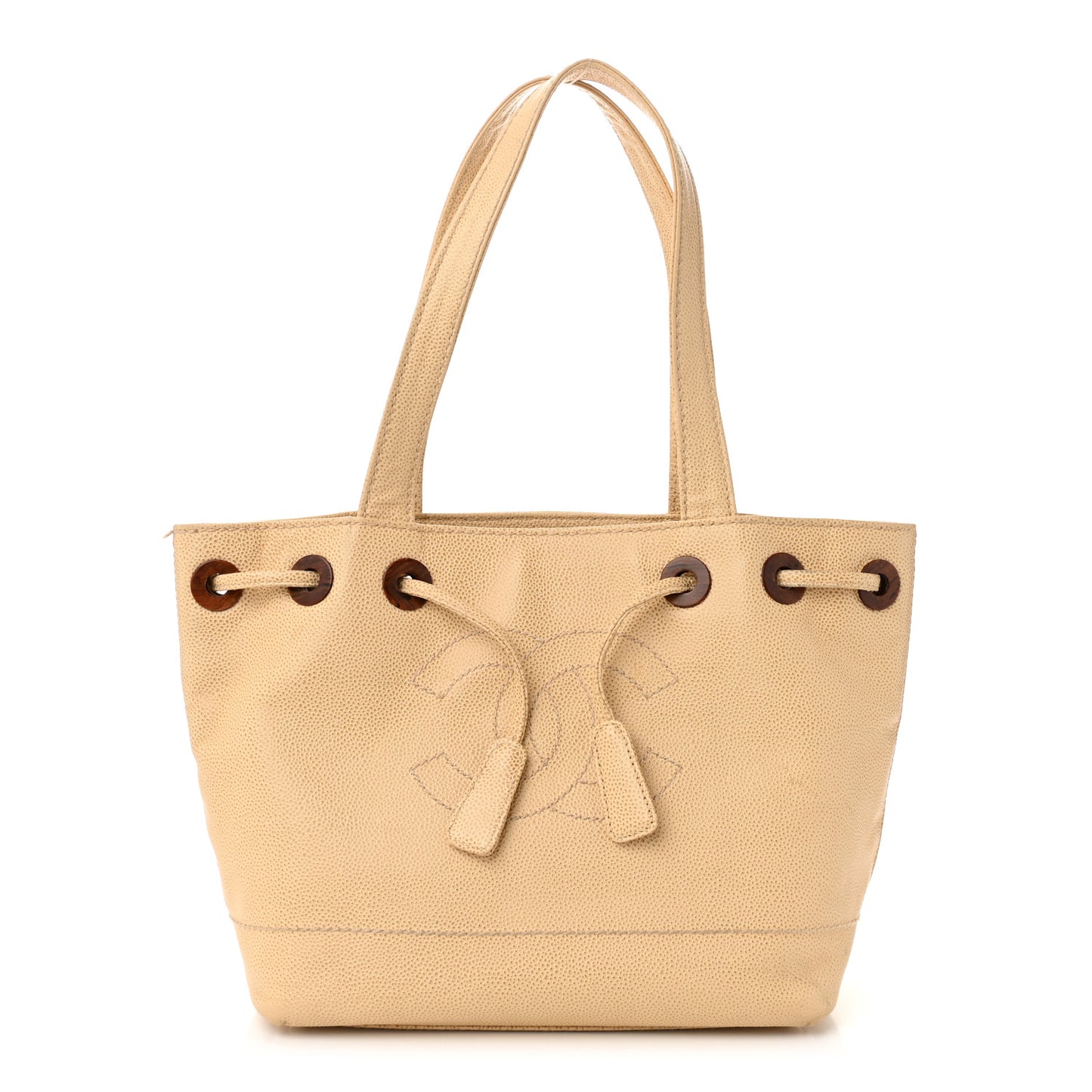 Caviar Wood CC Drawstring Bucket Bag Beige
