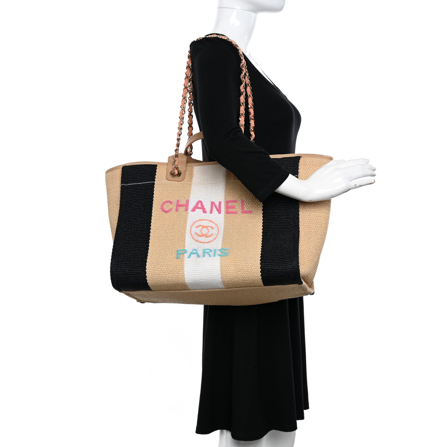 Straw Raffia Calfskin Striped Medium Deauville Tote Black Beige Ivory