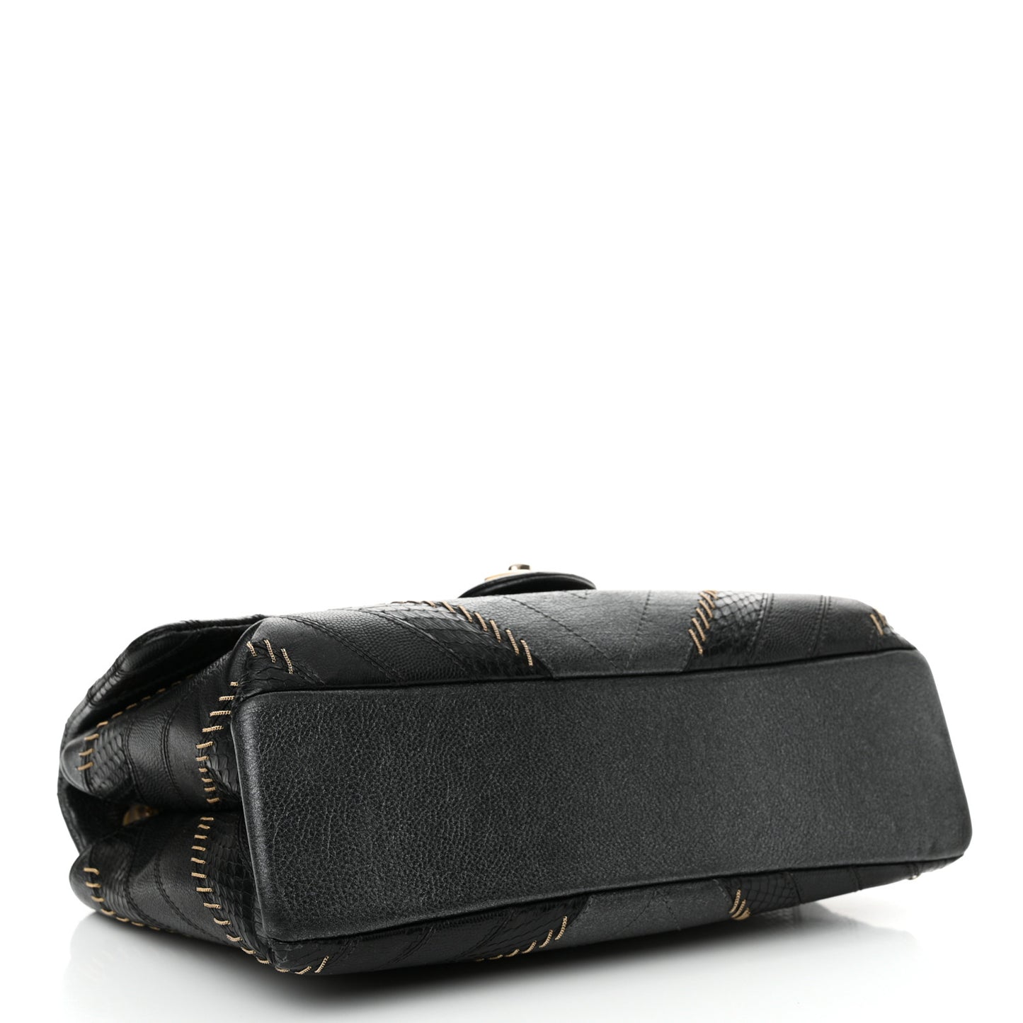 Calfskin Iridescent Snakeskin Patchwork Chevron Medium Flap Black Silver
