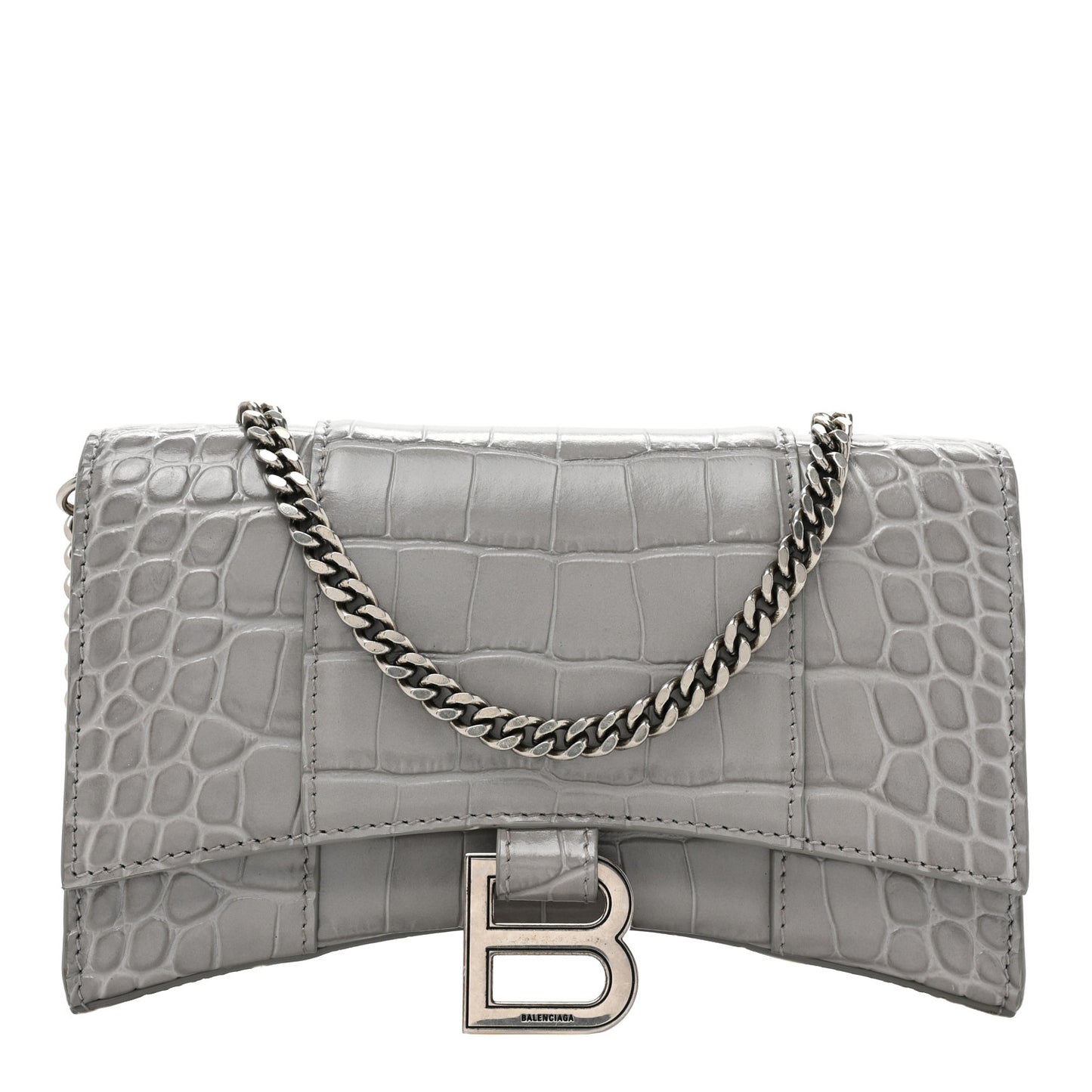 Shiny Calfskin Crocodile Embossed Hourglass Chain Bag Steel Grey