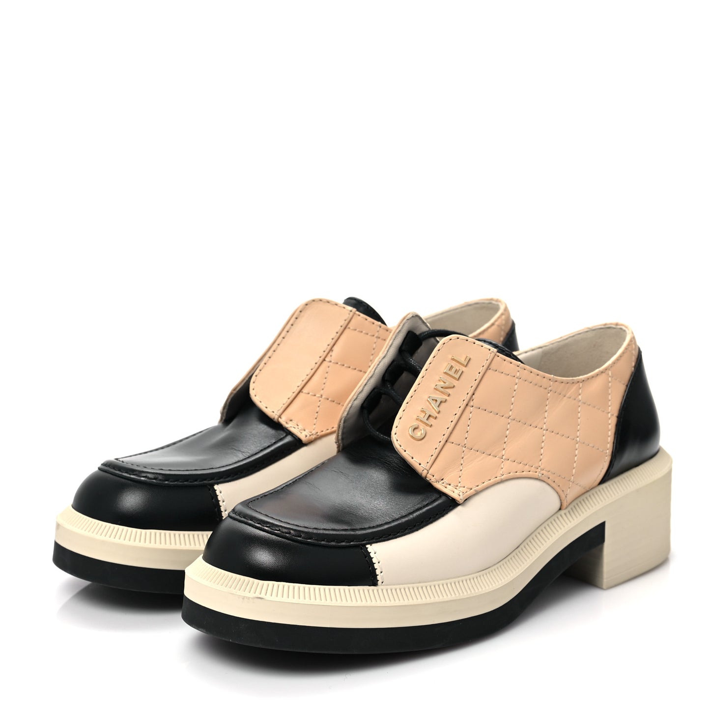 Calfskin Quilted Logo Lace Up Loafers 37 Black Beige