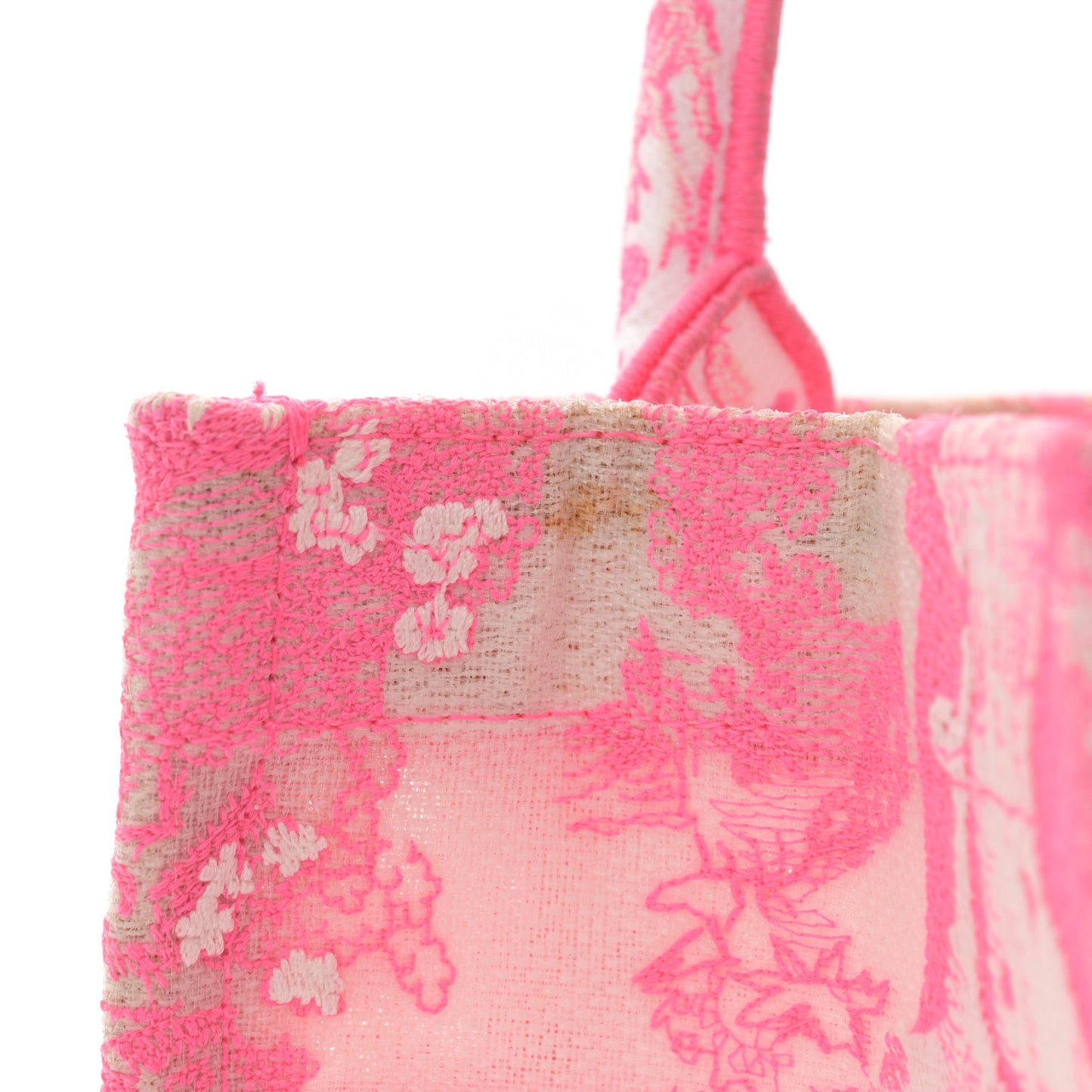 Transparent Canvas Embroidered Small Toile De Jouy Reverse Book Tote Fluorescent Pink