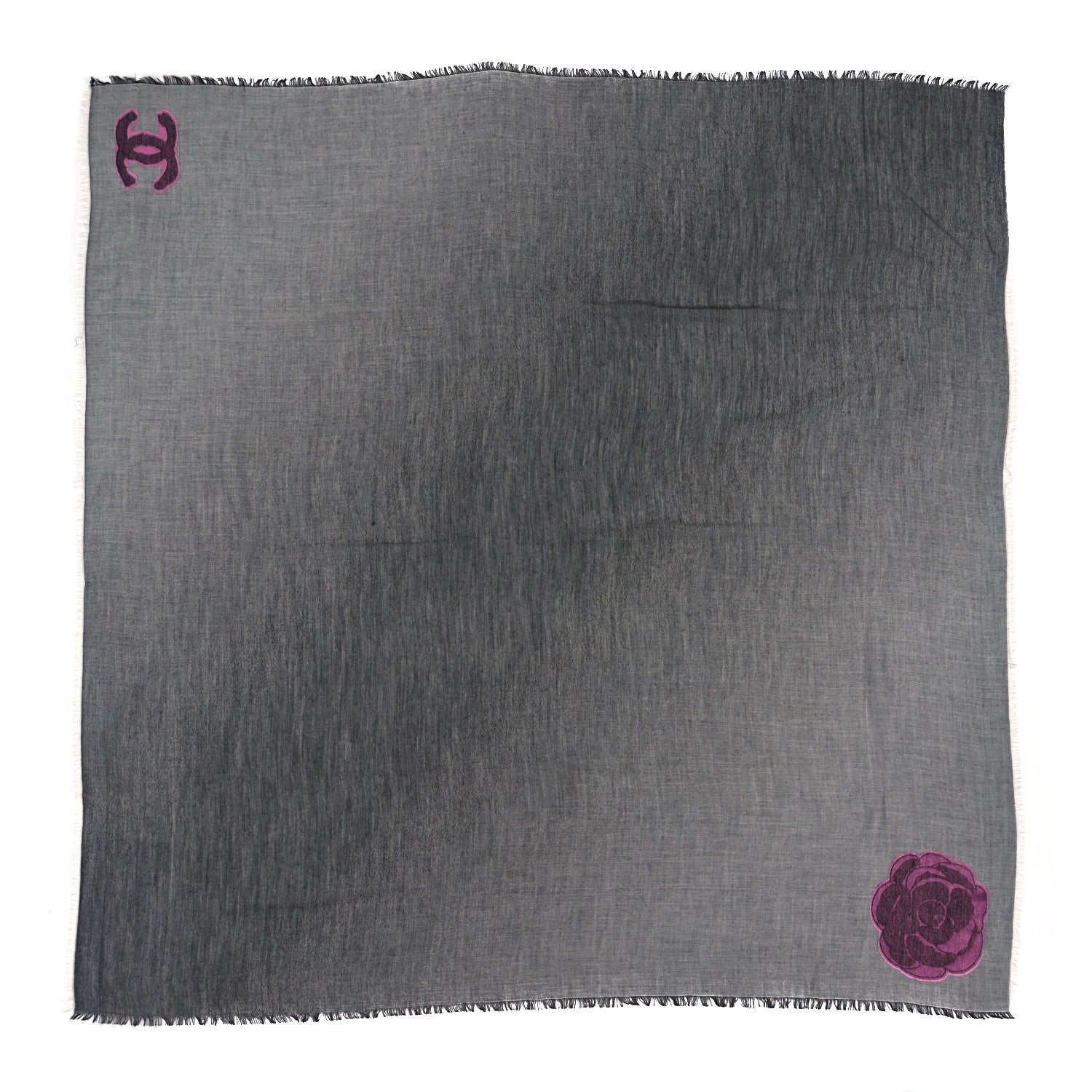 Chanel Cashmere Silk CC Logo Camellia Scarf Shawl Grey Pink 2 of 3