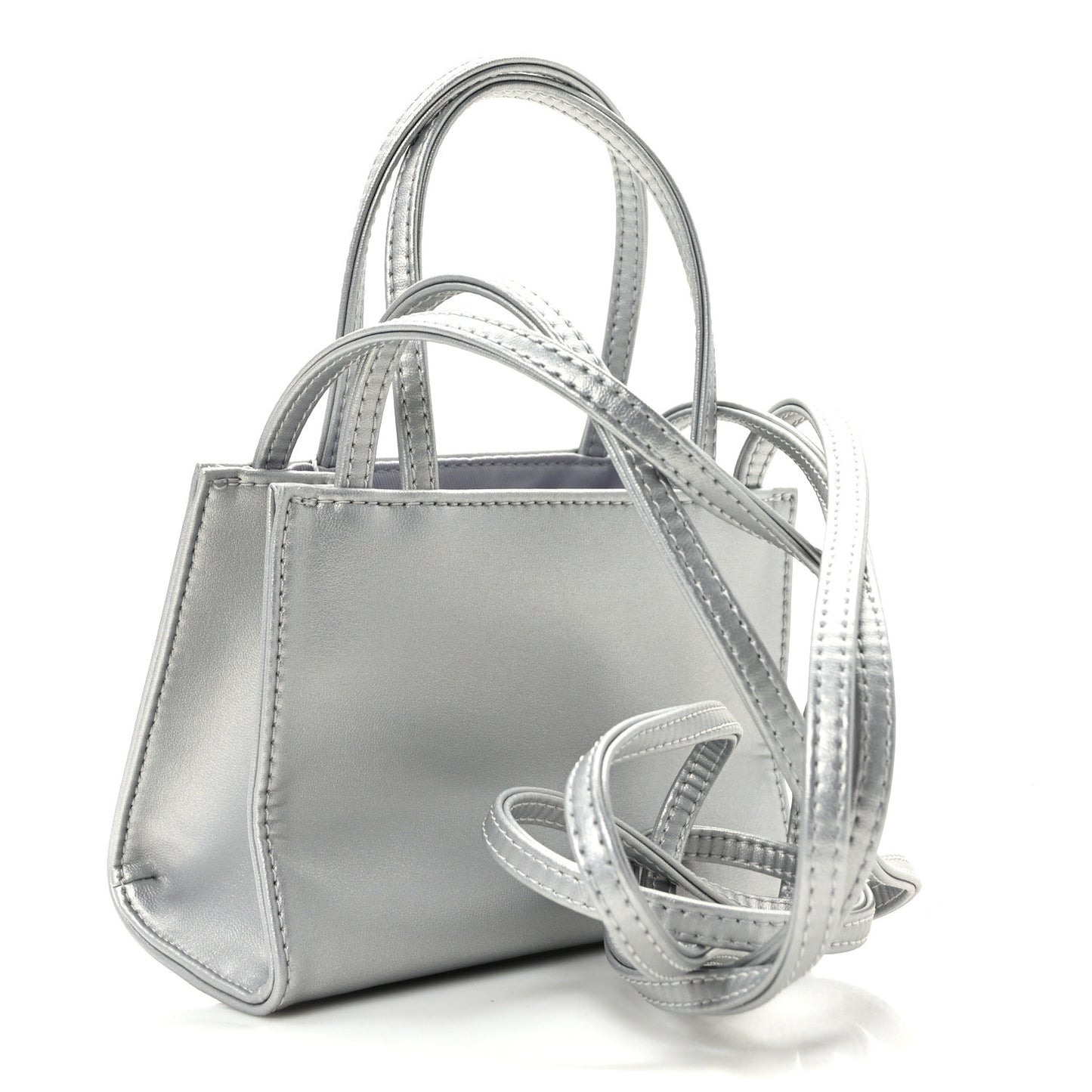 Metallic Vegan Leather Small Shopping Bag Silver