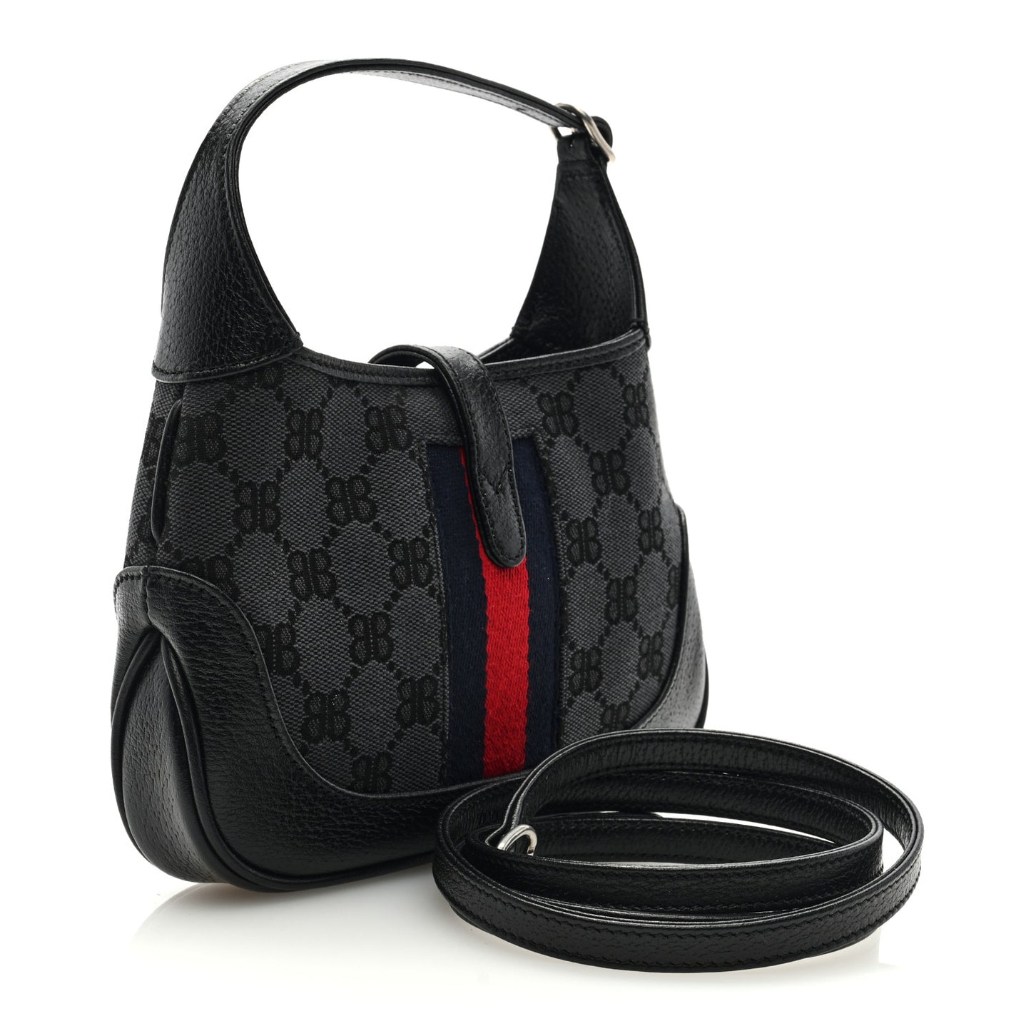 X BALENCIAGA BB Monogram Calfskin Web Mini Jackie 1961 Hobo Black