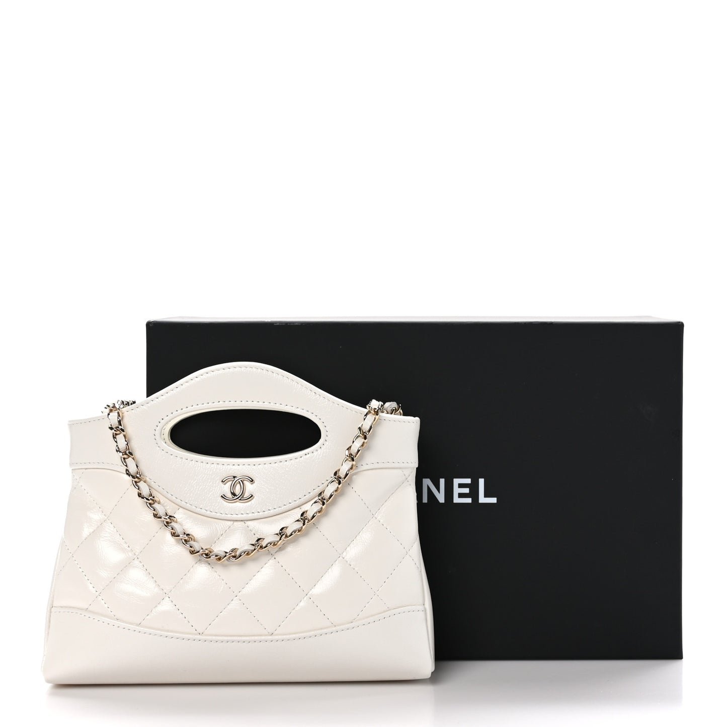 Shiny Crumpled Calfskin Quilted Nano 31 Shopping Bag White