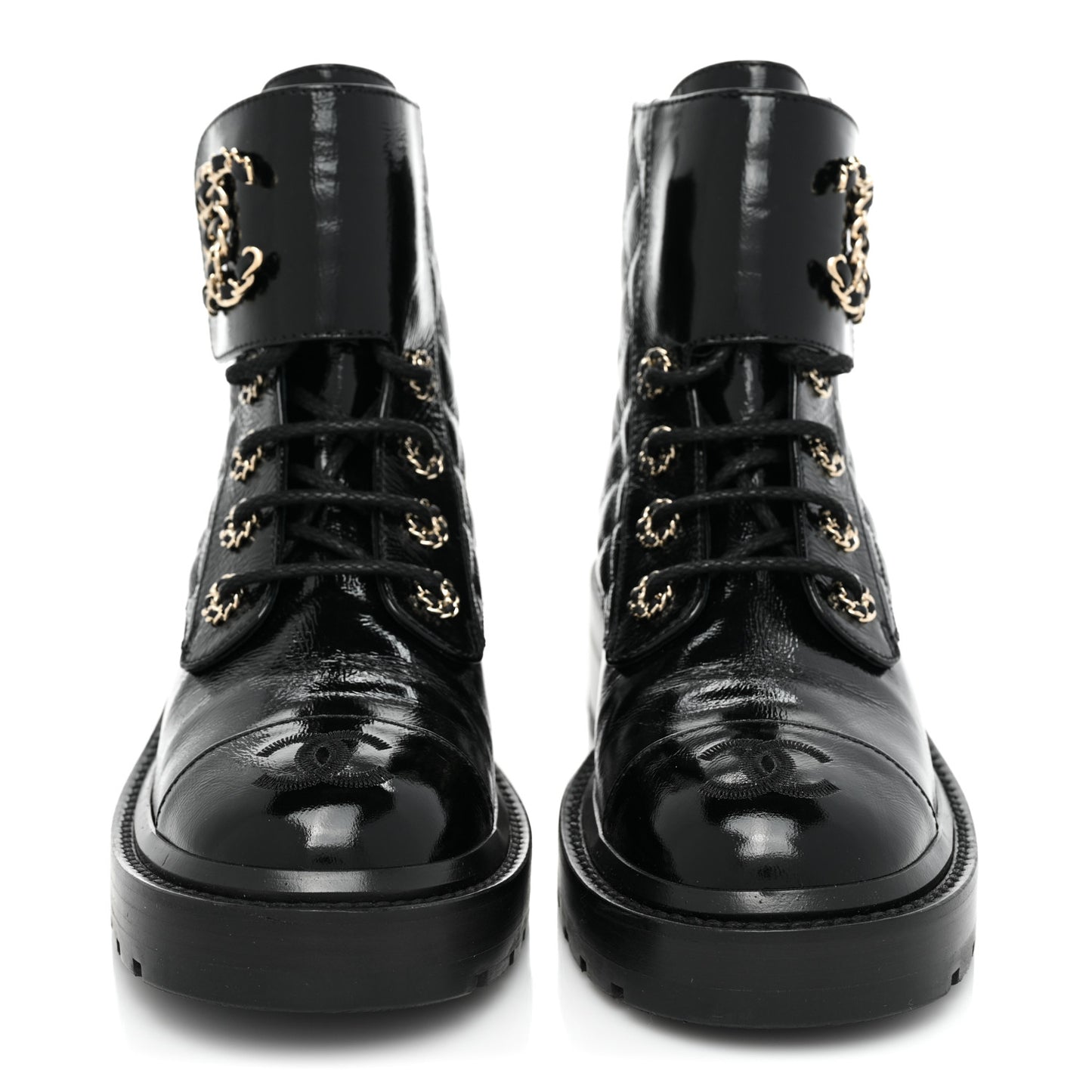 Shiny Calfskin Quilted Lace Up Combat Boots 36 Black