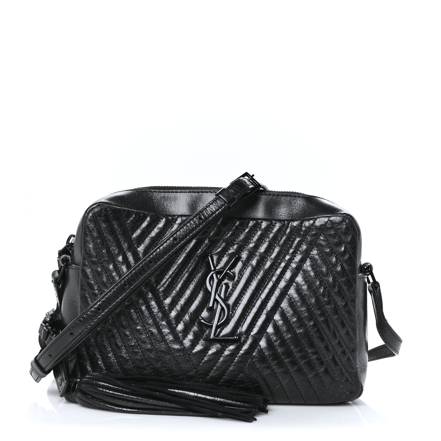 Cracked Shiny Calfskin Matelasse Monogram Lou Camera Bag Black