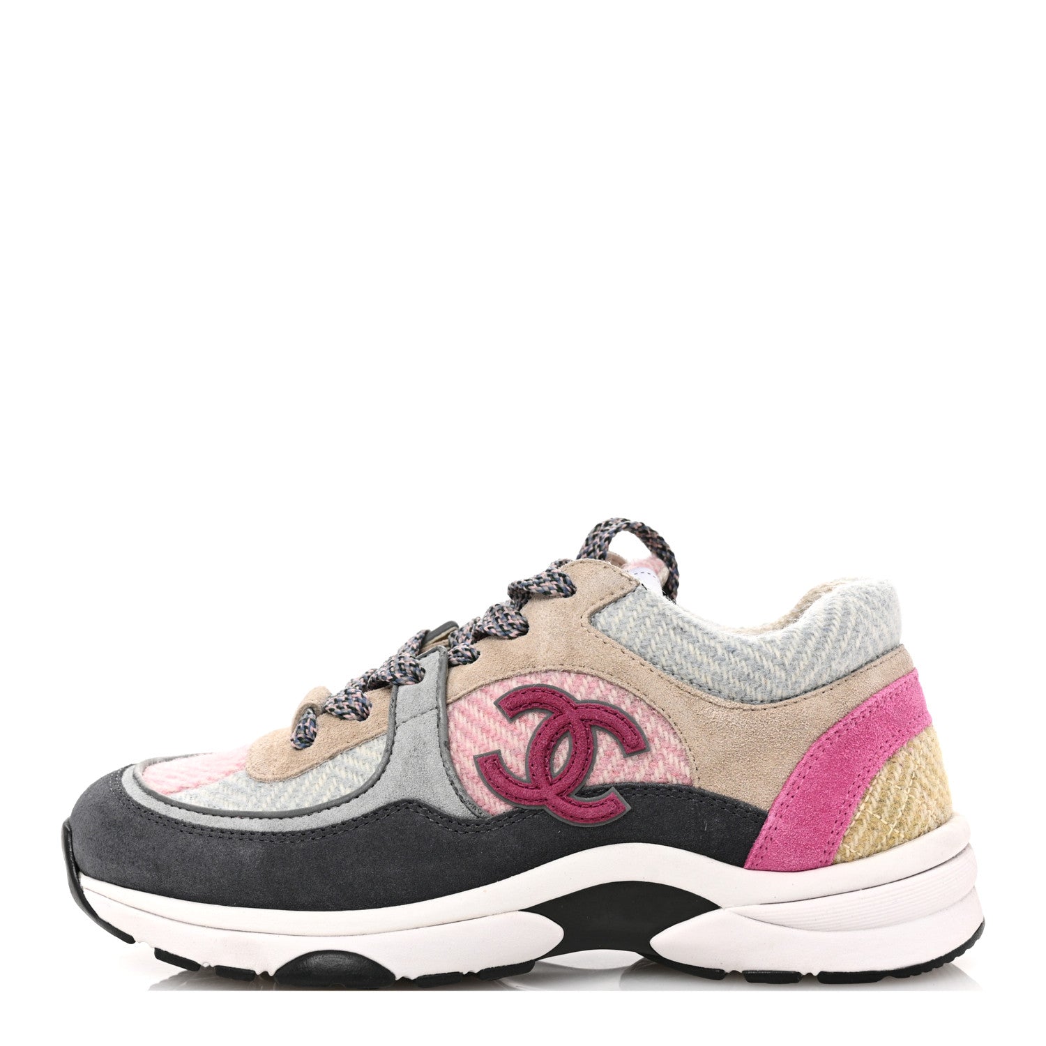 Chanel Fabric Suede Calfskin CC Sneakers 36 Pink Beige Multicolor
