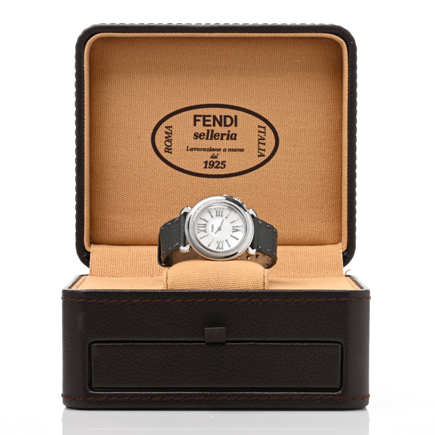 Fendi Stainless Steel Calfskin Diamond Bezel Mother of Pearl 36mm Selleria Quartz Watch 5 of 5