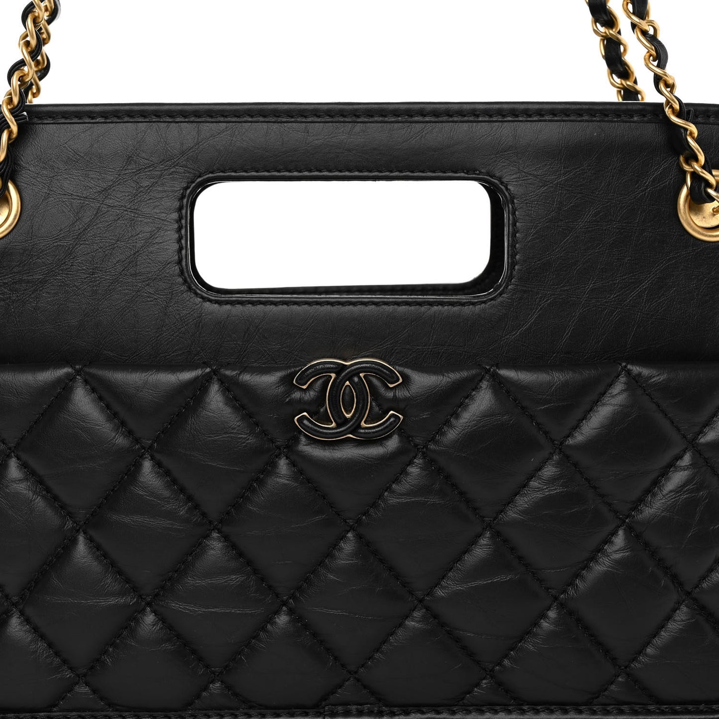 Aged Calfskin Quilted Small Graphic Catch Shopping Bag Black