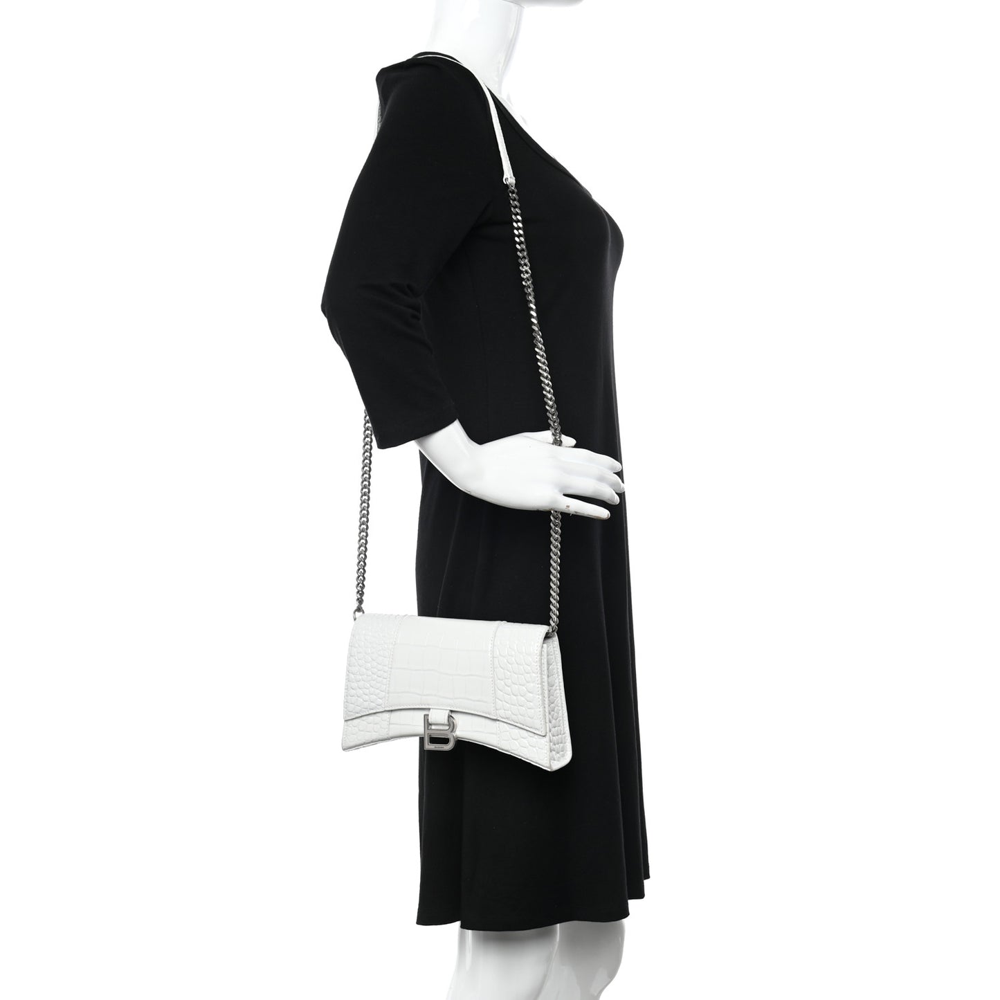 Shiny Calfskin Crocodile Embossed Small Hourglass Evening Chain Bag White