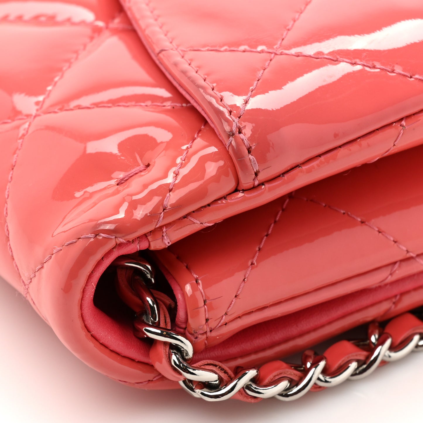 Patent Quilted Clutch with Chain Flap Fuchsia