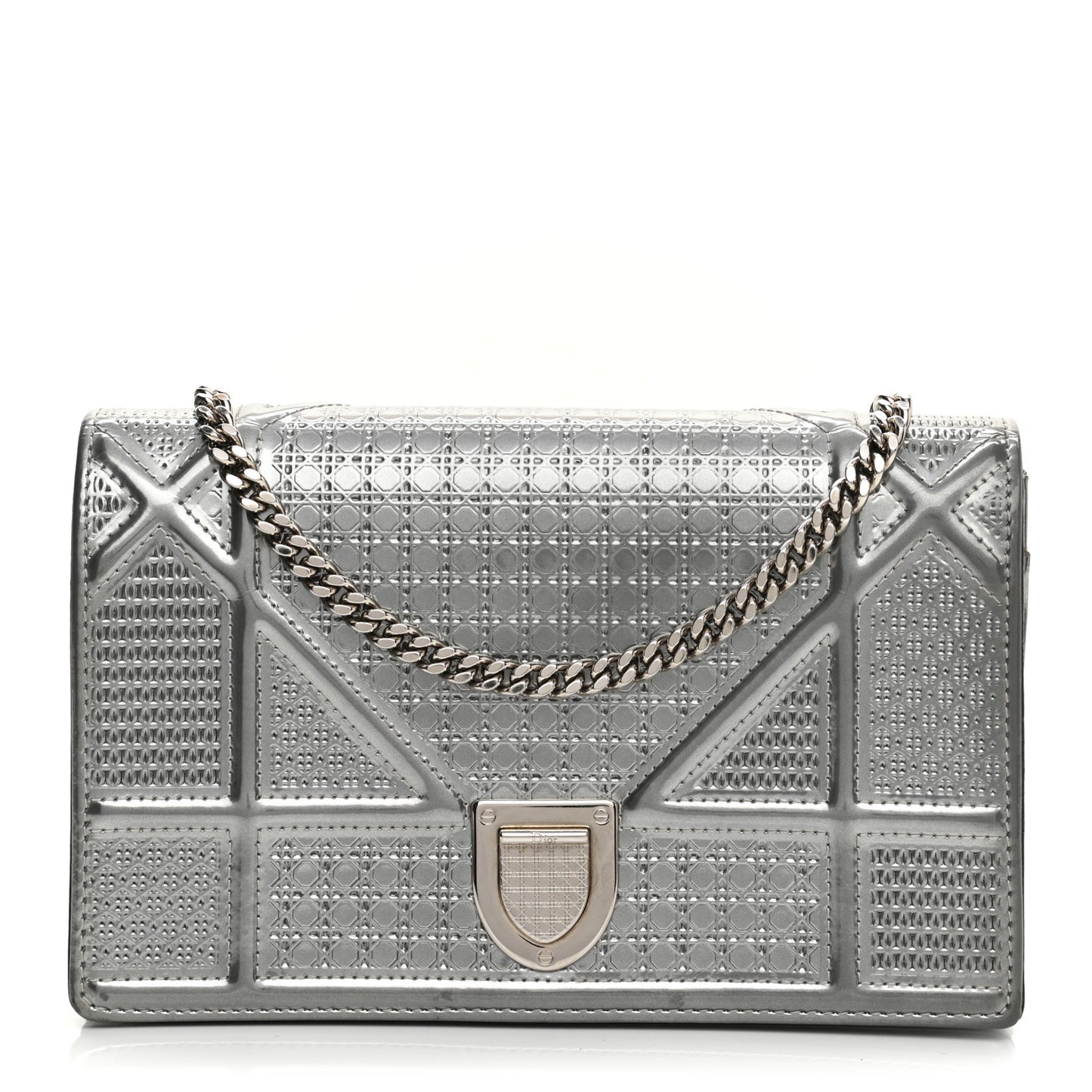 Metallic Patent Micro-Cannage Diorama Wallet on Chain Pouch Silver