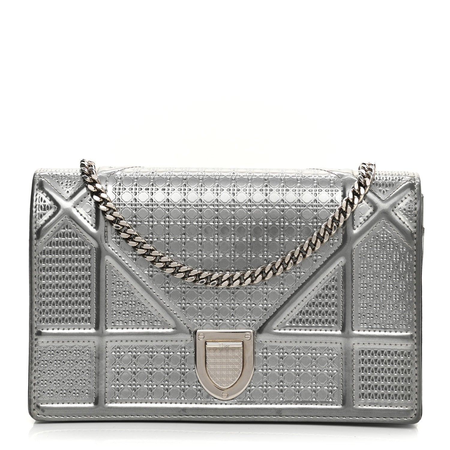 Christian Dior Metallic Patent Micro-Cannage Diorama Wallet on Chain Pouch Silver 1 of 12