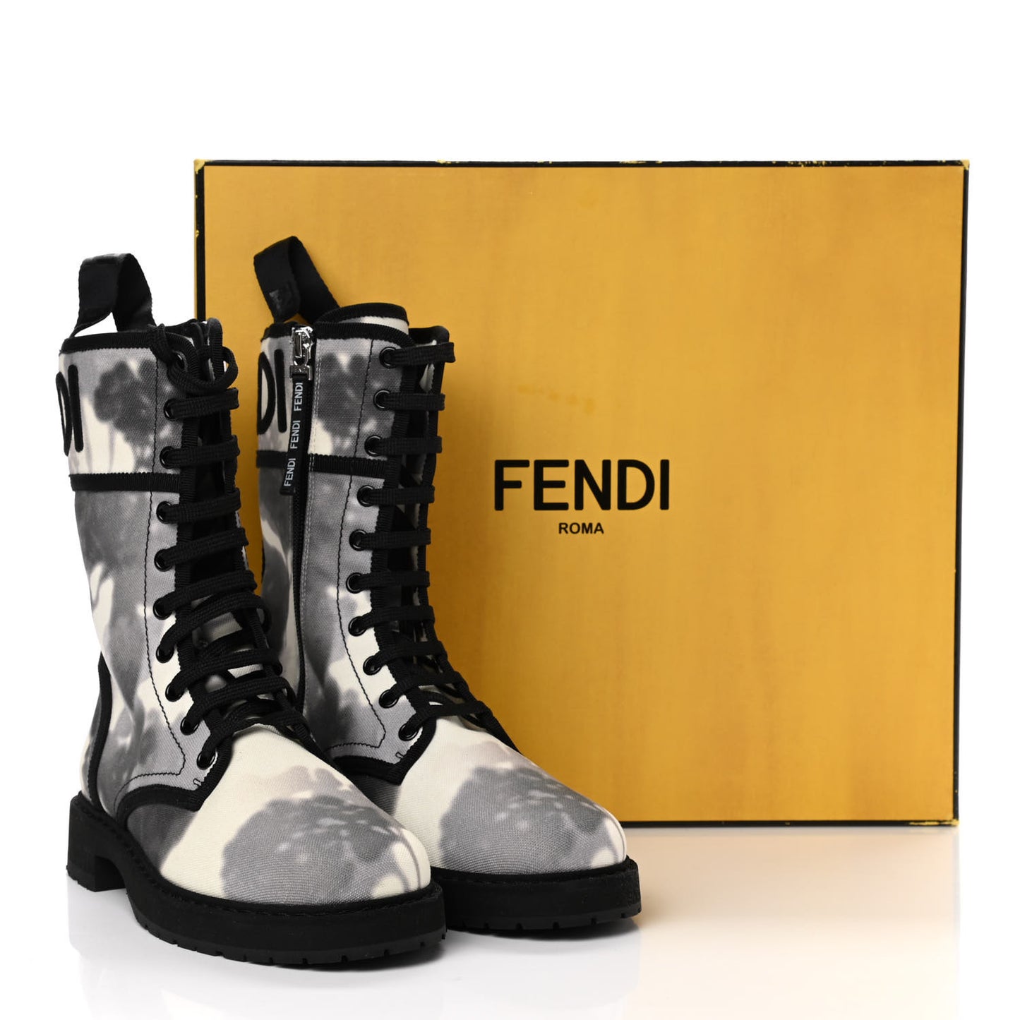 Canvas Floral Print Logo Bi-Color Womens Biker Boots 37 White Black