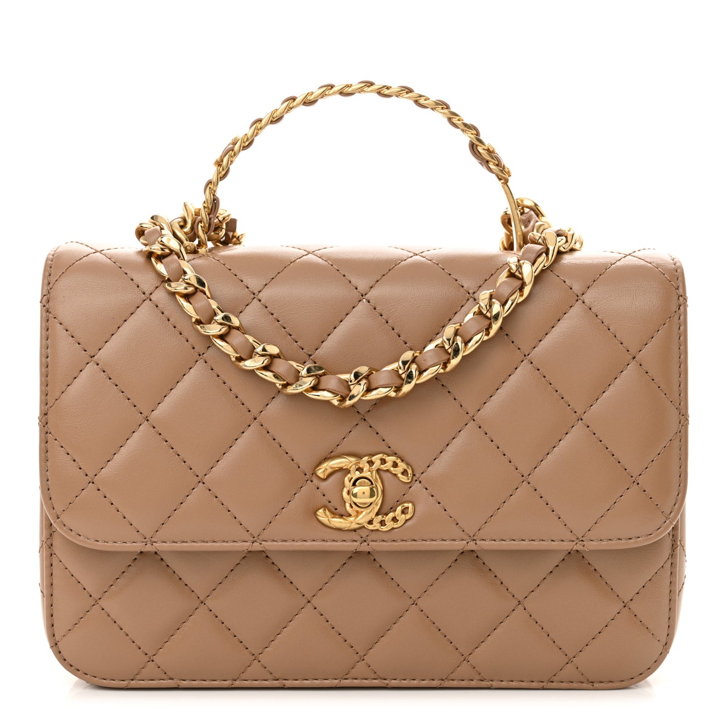 Shiny Calfskin Quilted Small Metal Chain Top Handle Flap Beige