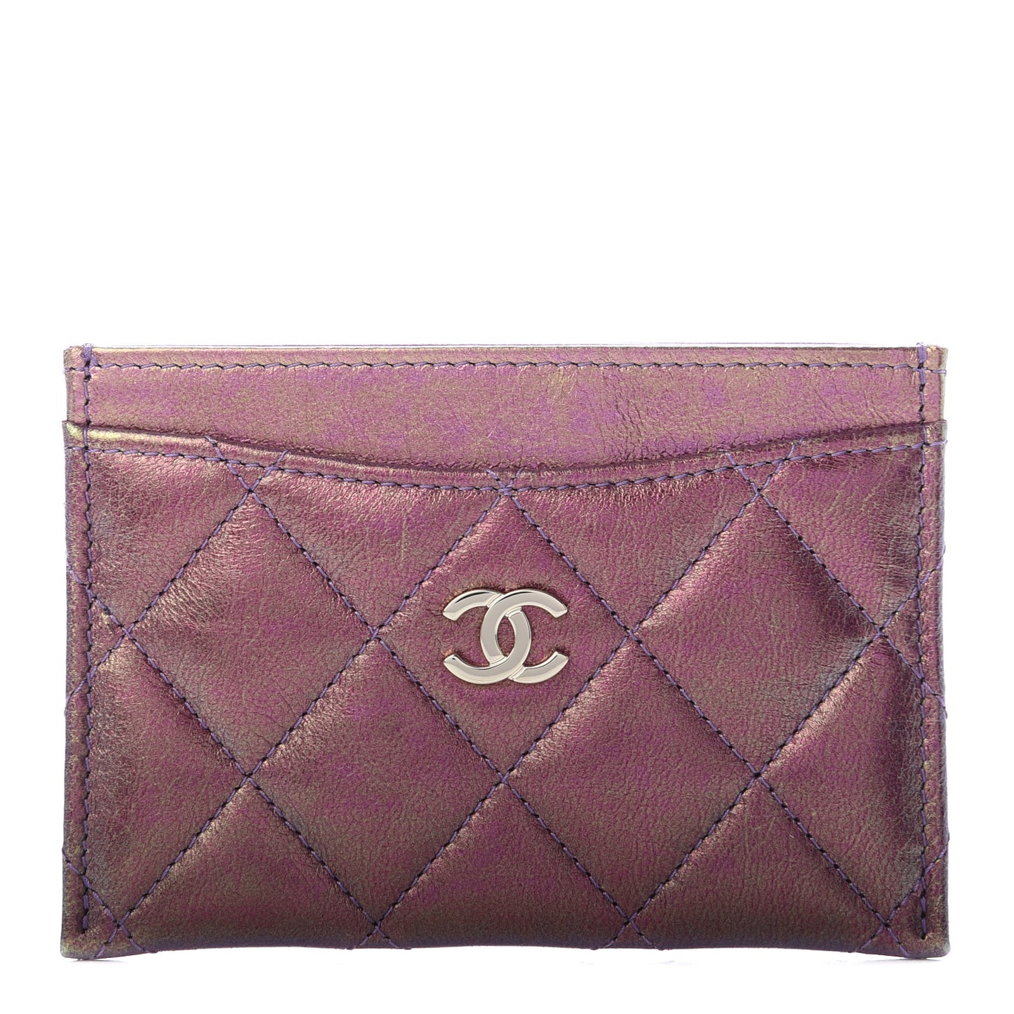 Iridescent Lambskin Quilted Card Holder Purple