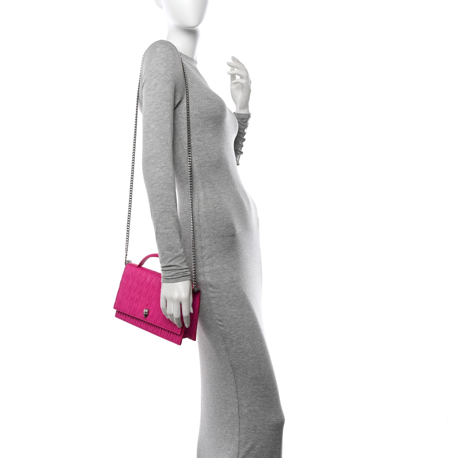 Alexander McQueen Lambskin Pleated Skull Medium Chain Crossbody Bag Fuchsia 2 of 13