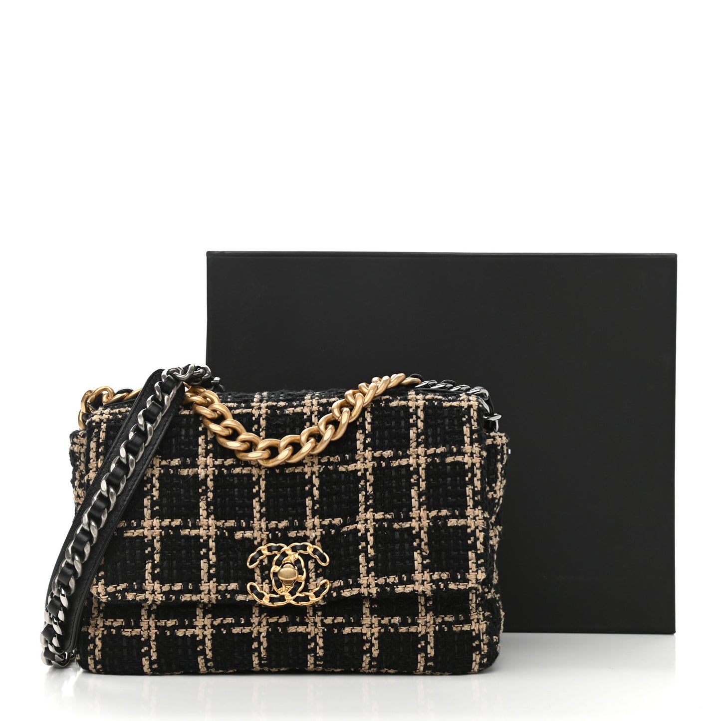 Tweed Quilted Medium Chanel 19 Flap Black Beige
