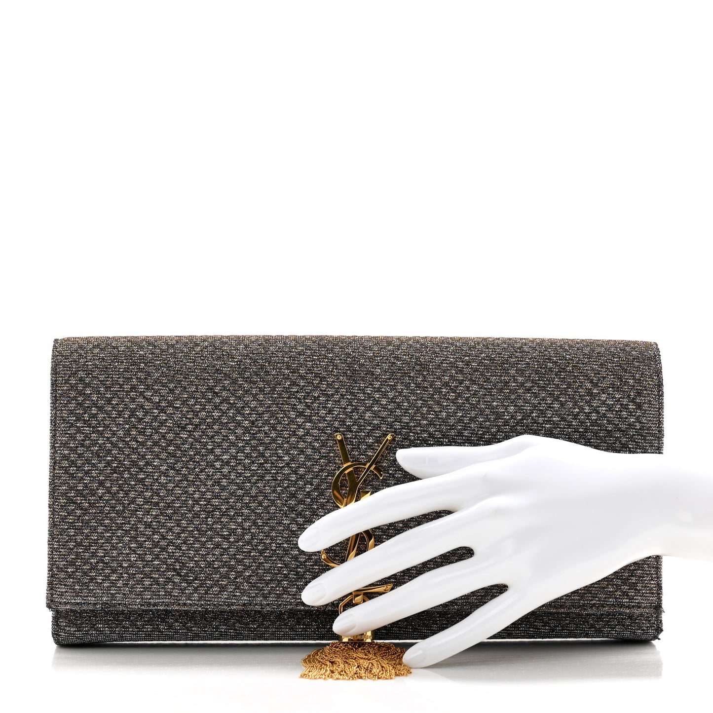 Metallic Canvas Woven Classic Monogram Kate Tassel Clutch Ciad Argento