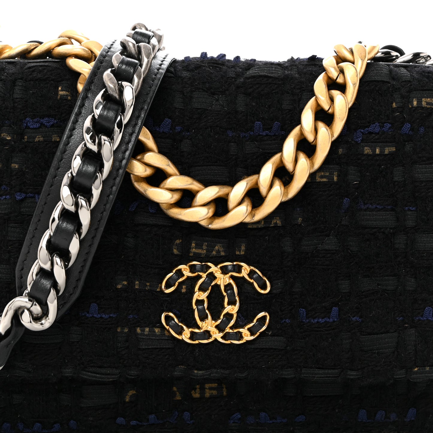 Tweed Quilted Chanel 19 Wallet On Chain WOC Black Navy Gold