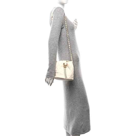 Lambskin Quilted Pearl Crown Drawstring Bag White