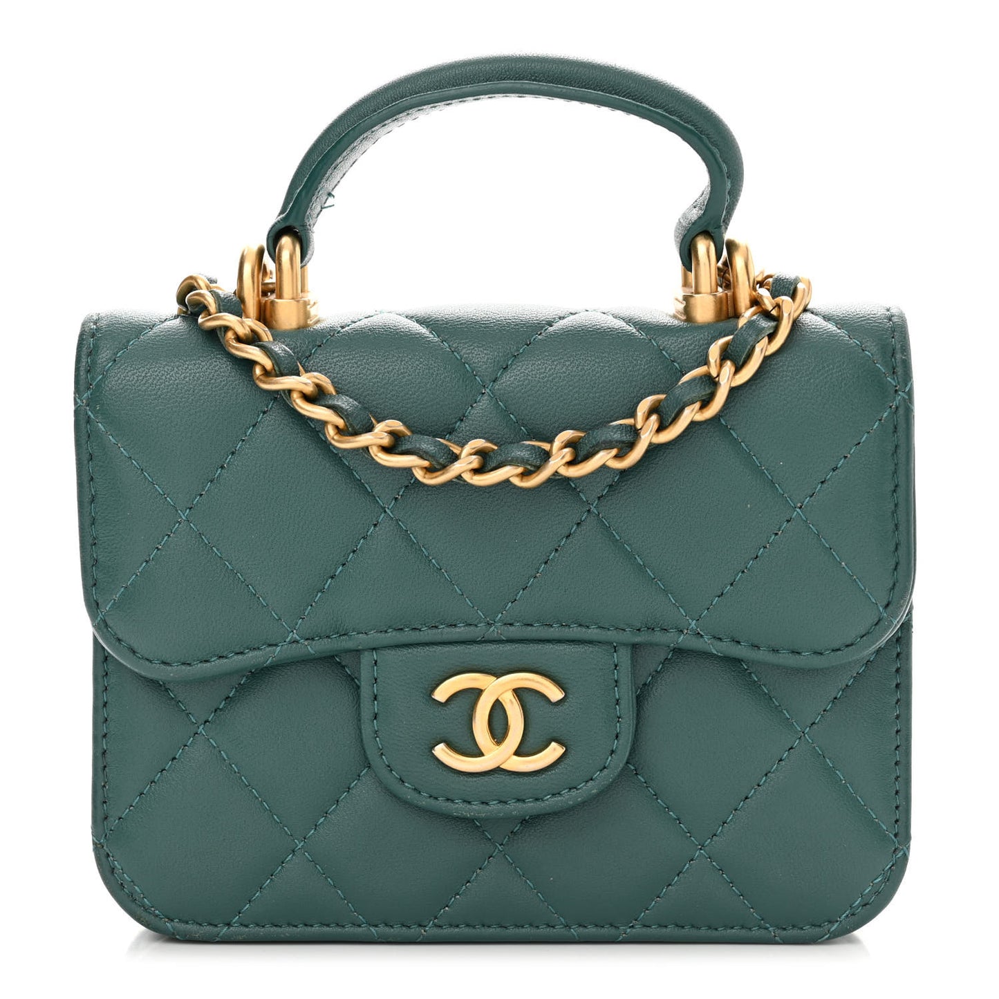 Lambskin Quilted Top Handle Flap Coin Purse With Chain Green