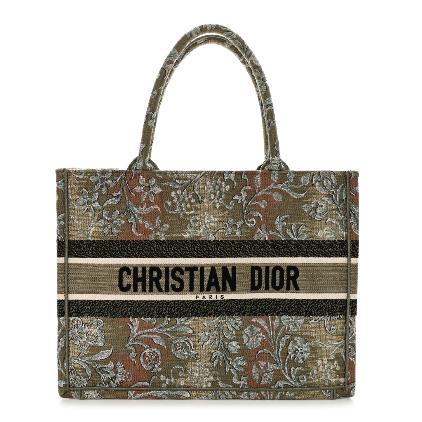 CHRISTIAN DIOR Canvas Embroidered Medium Brocart Book Tote Metallic Green