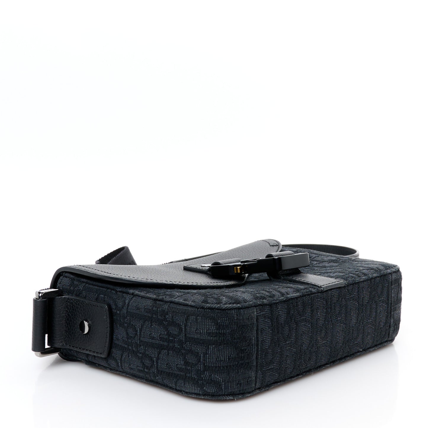 Oblique Jacquard Grained Calfskin Saddle Pouch With Strap Black