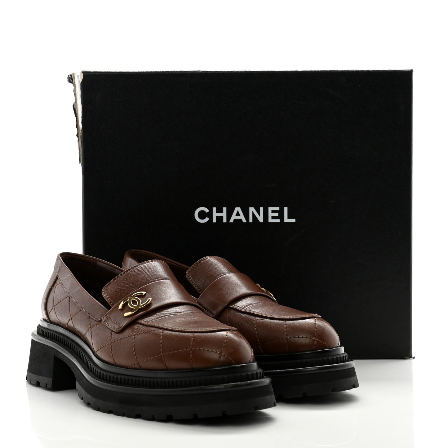 Calfskin Quilted CC Mocassin Loafers 38.5 Brown
