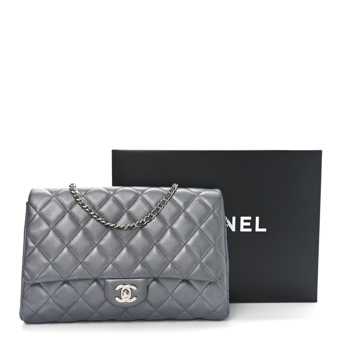 Metallic Lambskin Quilted Clutch With Chain Flap   Dark Grey