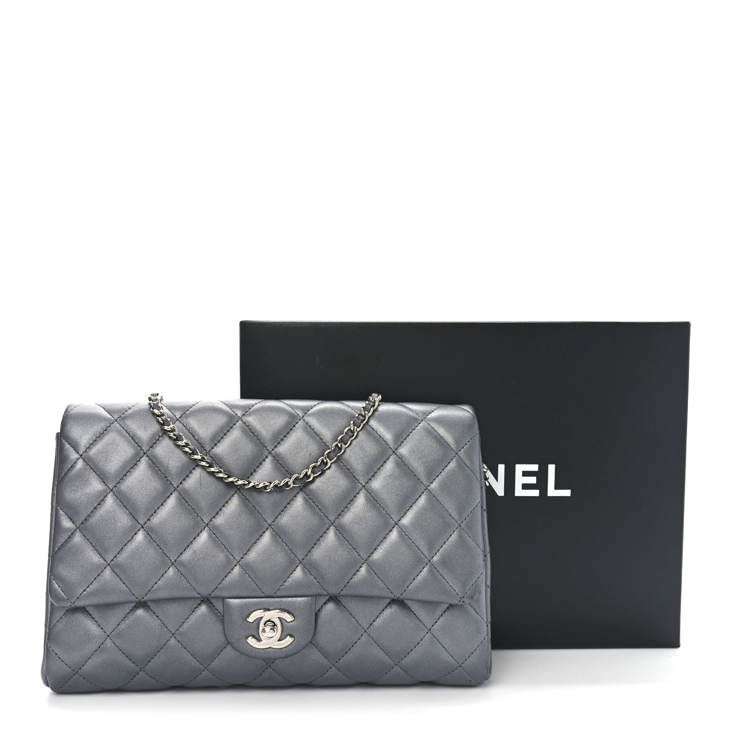 Chanel Metallic Lambskin Quilted Clutch With Chain Flap   Dark Grey 11 of 11
