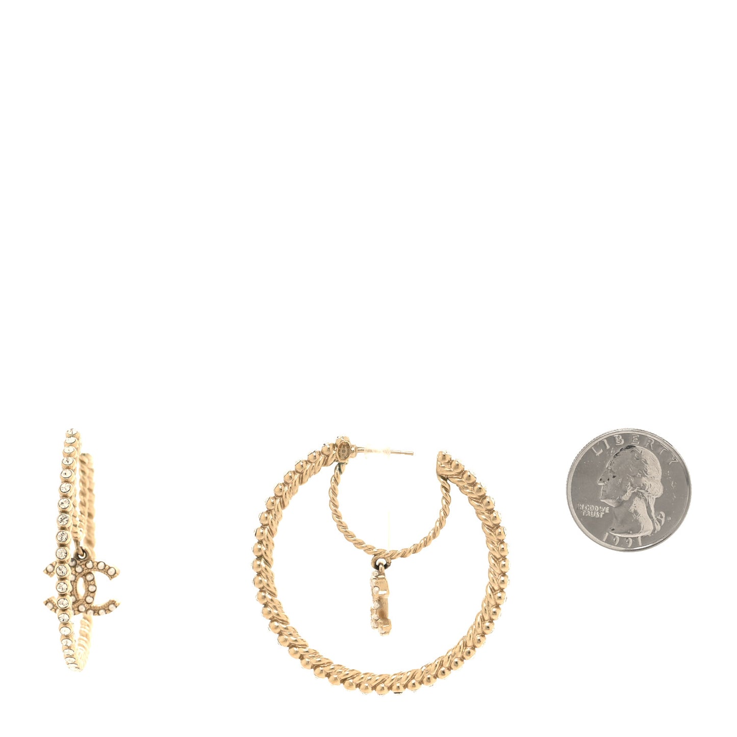 Crystal Pearl CC Drop Hoop Earrings Gold Pearly White