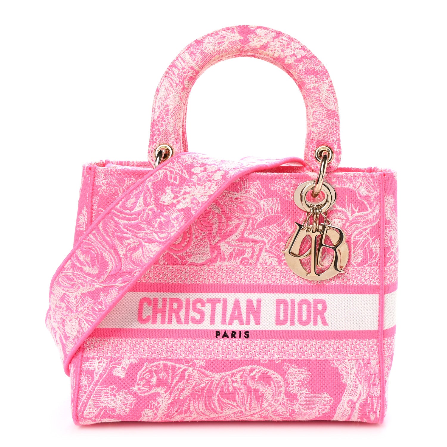 Christian Dior Canvas Toile De Jouy Reverse Embroidered Medium Lady D-Lite Fluorescent Pink 1 of 9