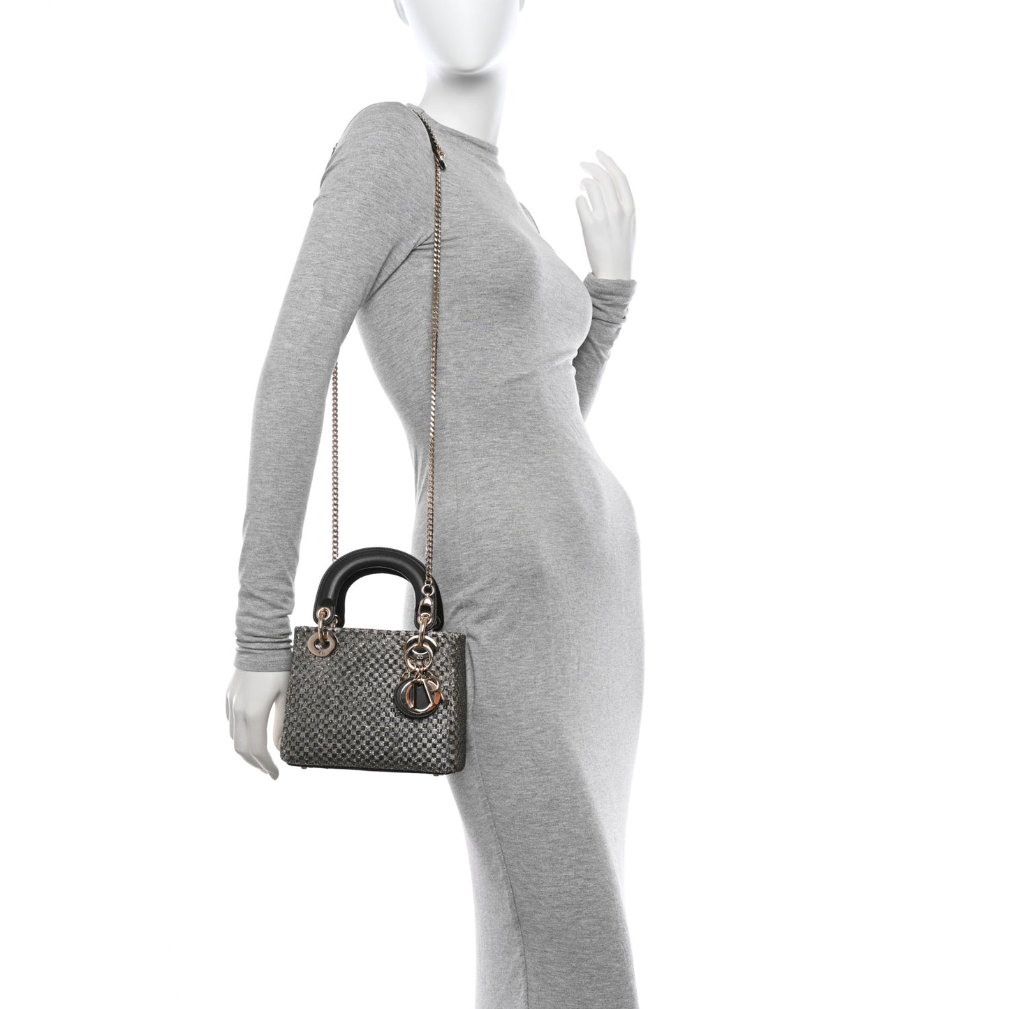 Calfskin Beaded Checkered Mini Lady Dior Grey White