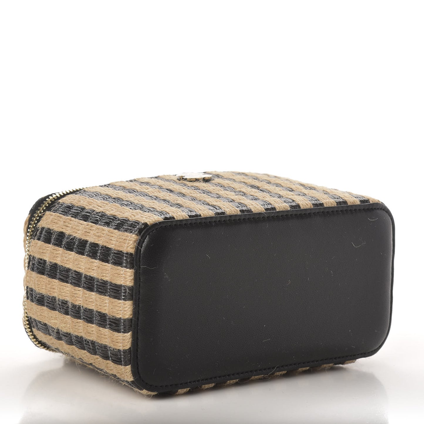 Raffia Jute Striped Small Vanity Case With Chain Black Beige