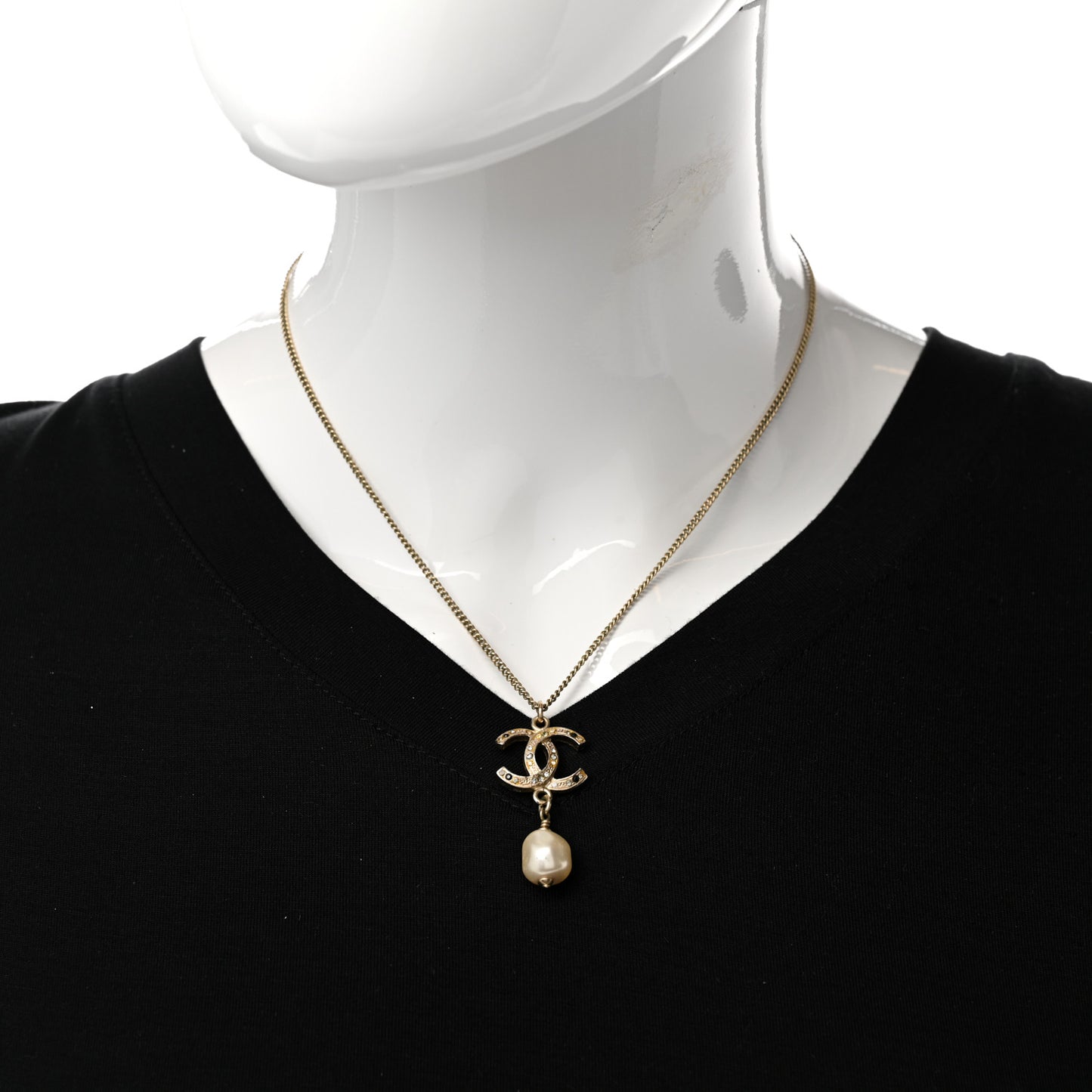 Pearl Crystal CC Pendant Necklace Gold