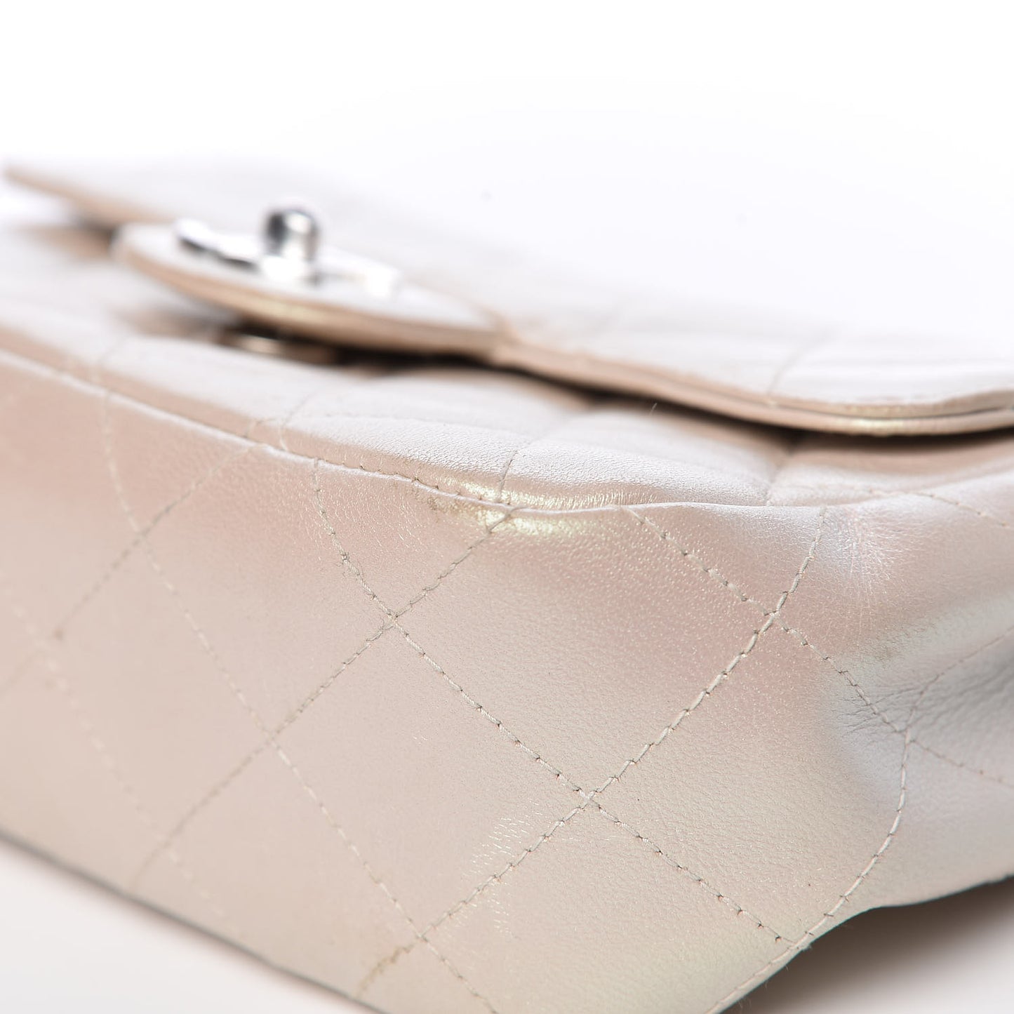 Metallic Lambskin Quilted Extra Mini Rectangular Flap Ivory