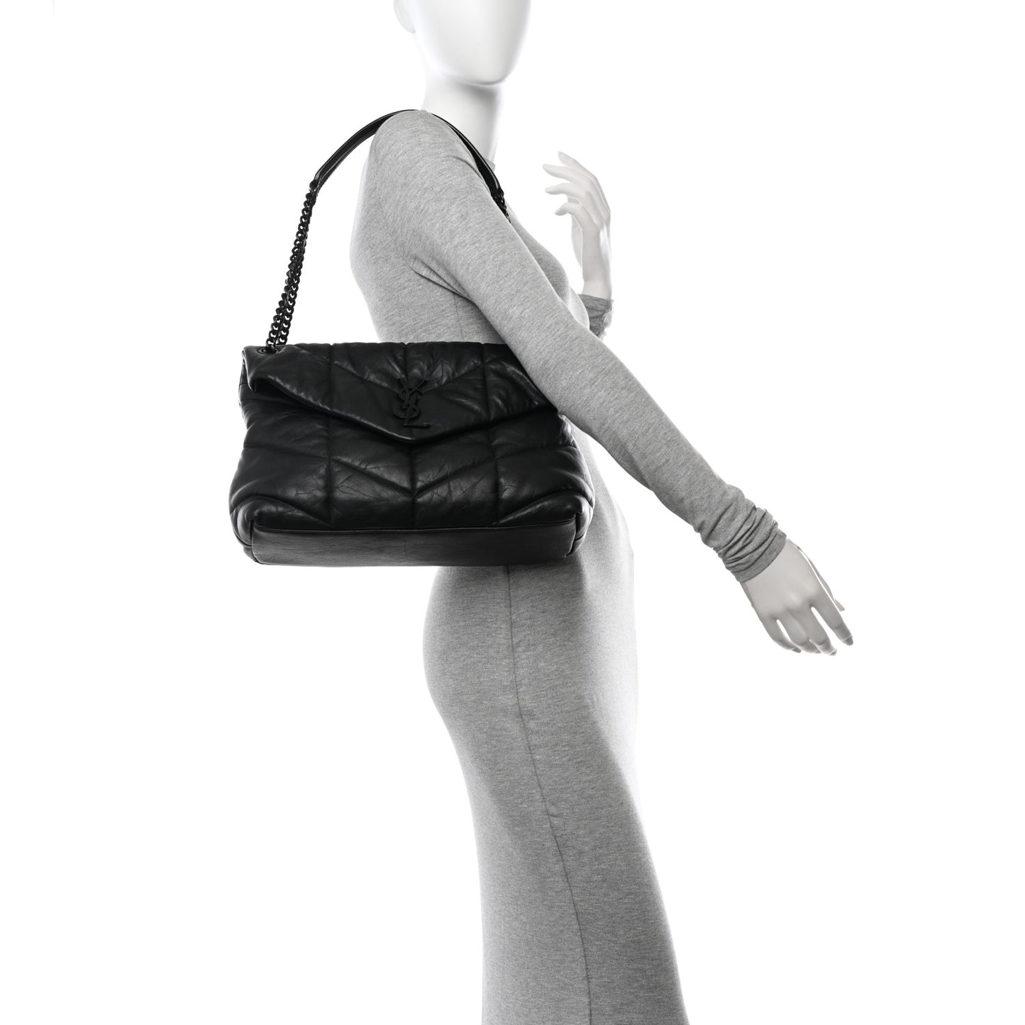 Lambskin Quilted Monogram Monochrome Medium Loulou Puffer Chain Satchel Black