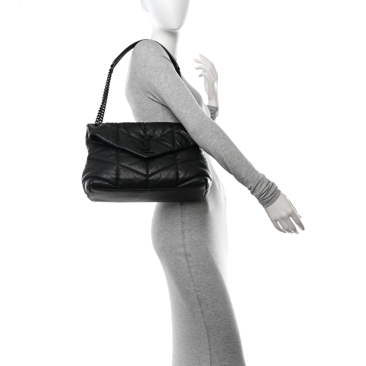 Saint Laurent Lambskin Quilted Monogram Monochrome Medium Loulou Puffer Chain Satchel Black 2 of 12