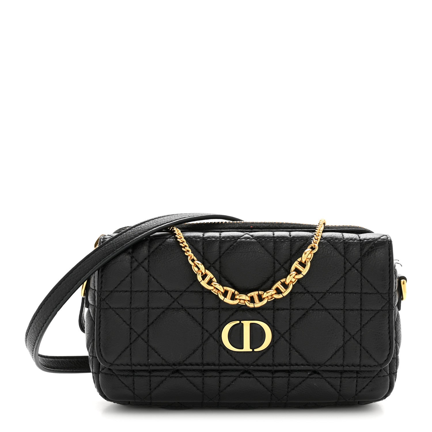 Christian Dior Supple Calfskin Cannage Caro Pouch With Chain Black