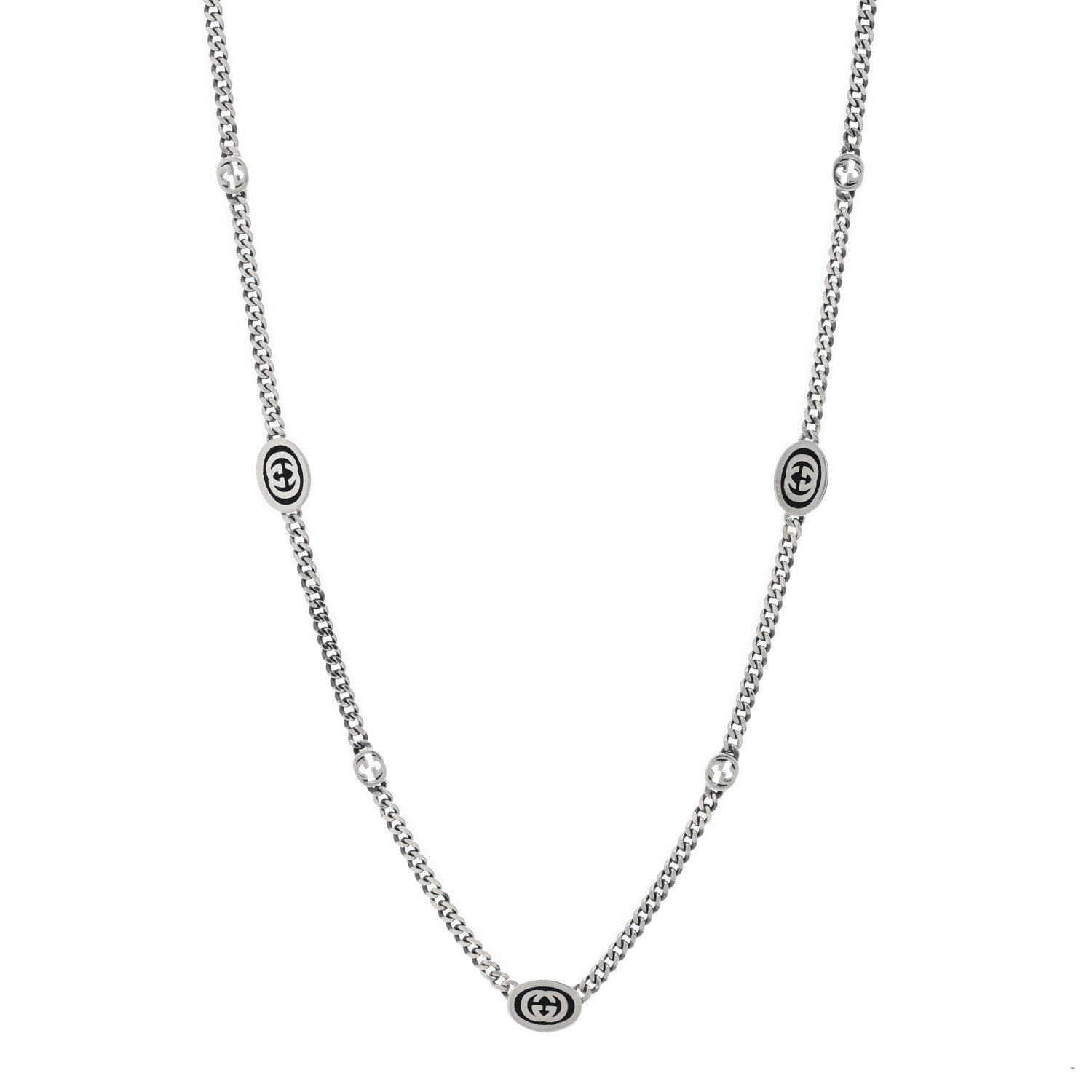 Gucci Sterling Silver Enamel Thin Interlocking G Necklace Black 