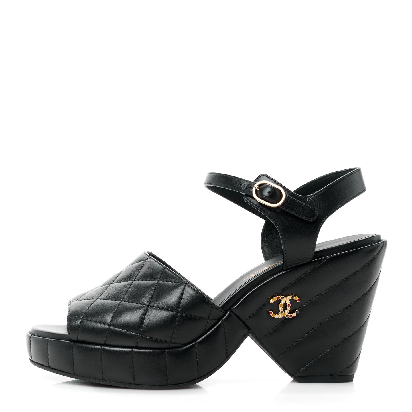 Lambskin Quilted Peep Toe Wedge Sandals 38.5 Black