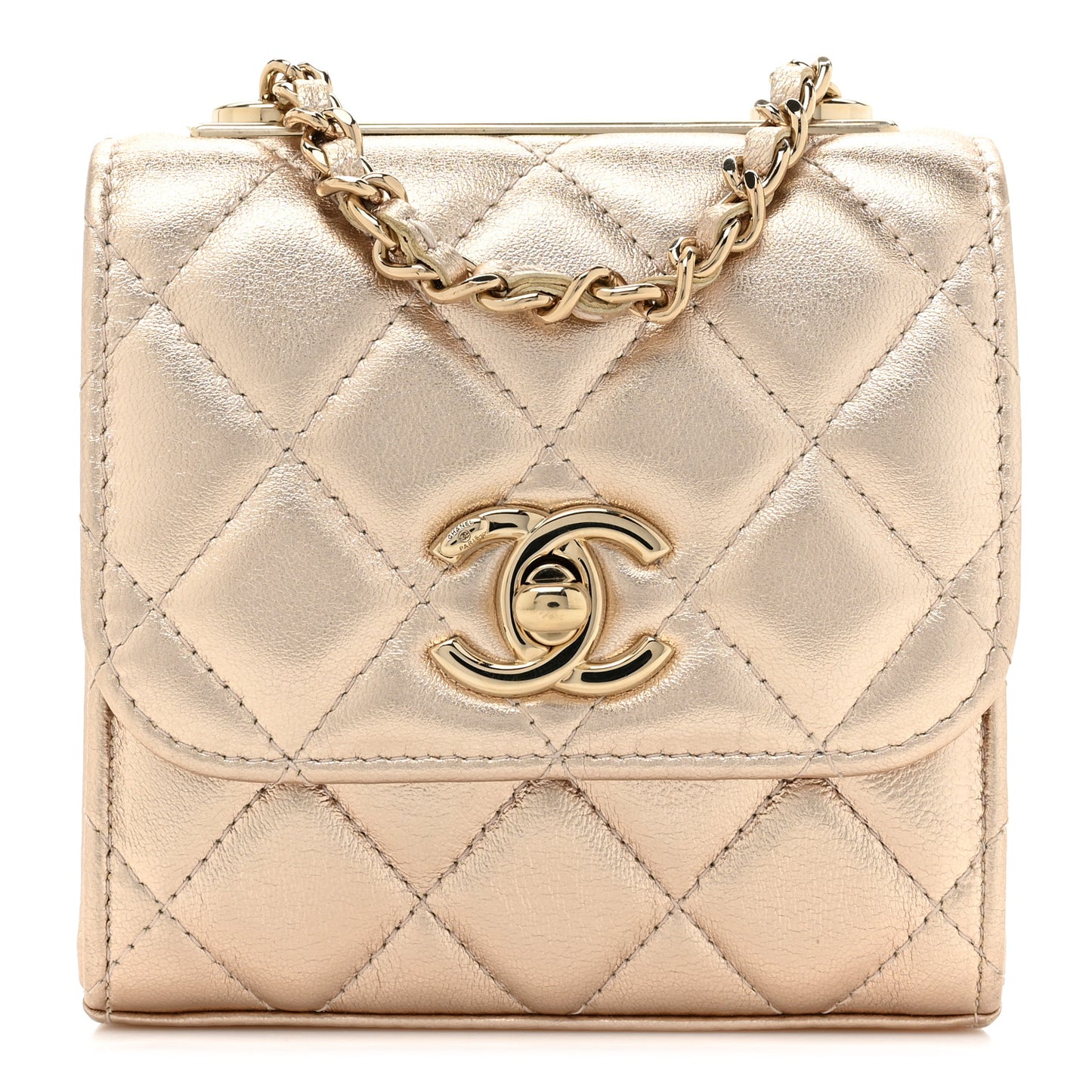 Metallic Lambskin Quilted Mini Trendy CC Clutch With Chain Gold